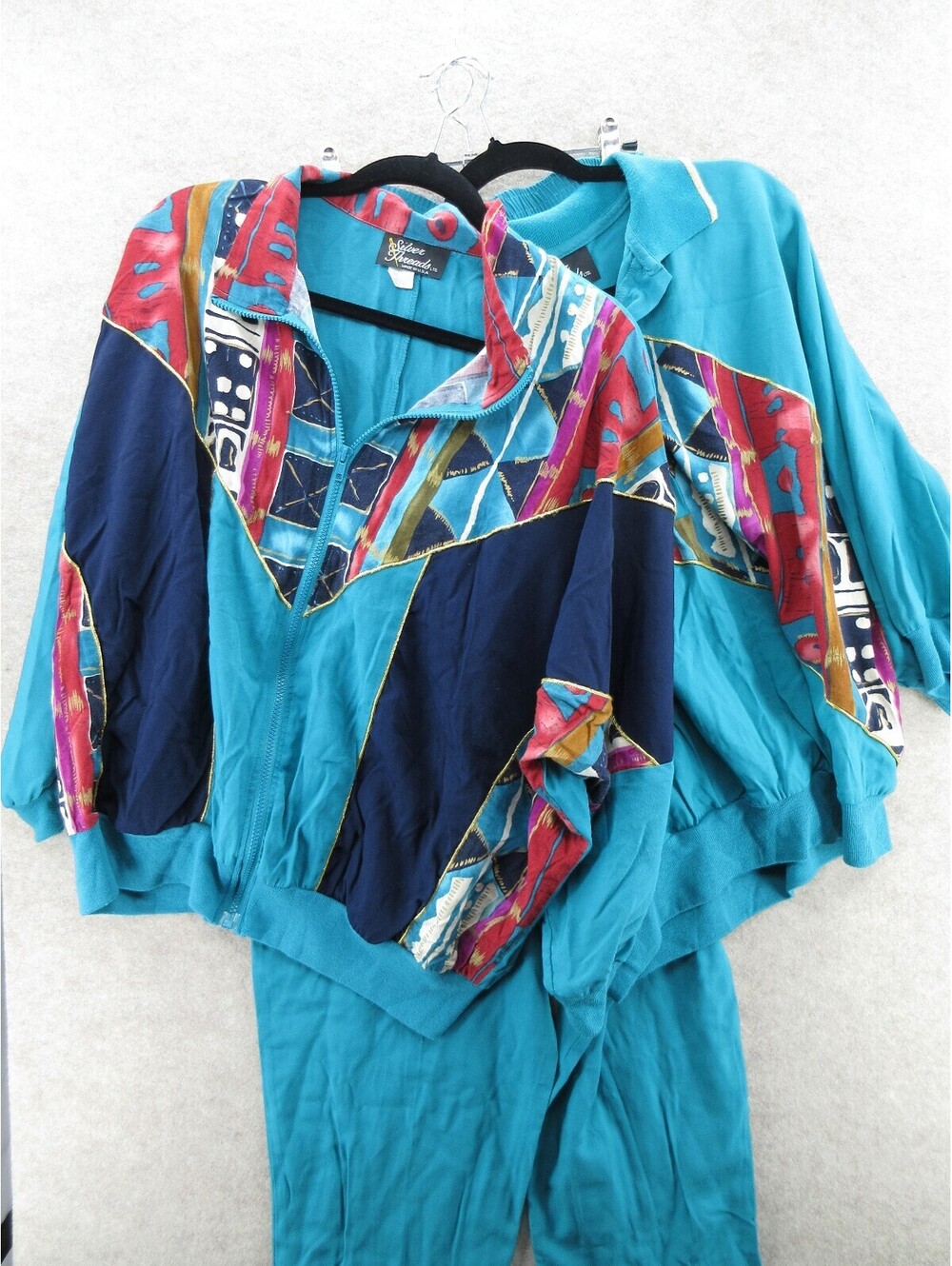 intage Silver Threads 3 Piece Tracksuit Set Teal Abstract Made USA 80s 90s 2X